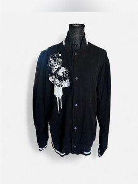 Fishbone Black Graphic Bomber Jacket with White Print - Unbranded